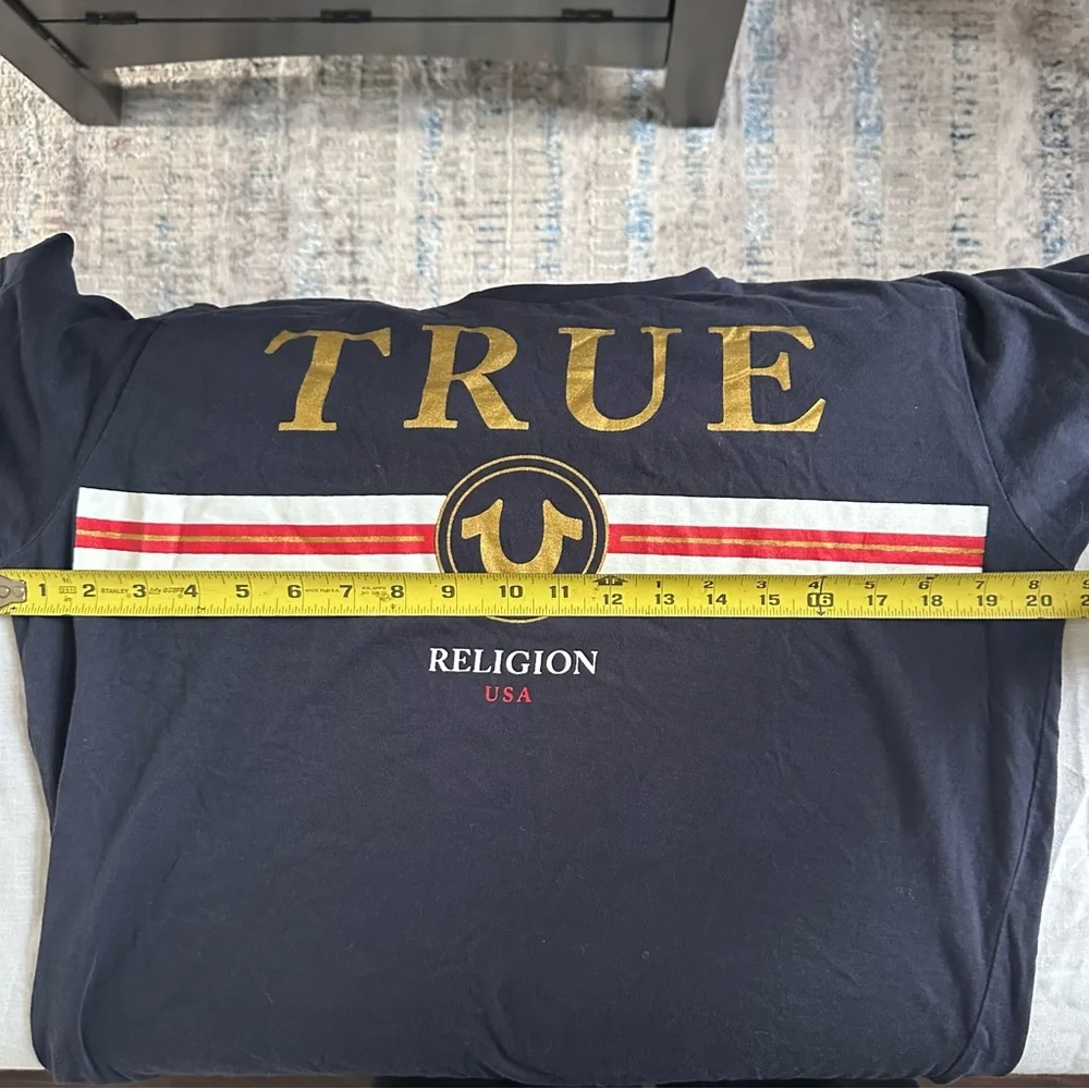 True Religion Navy Graphic Logo T-Shirt Gold Foil USA Tee Size L